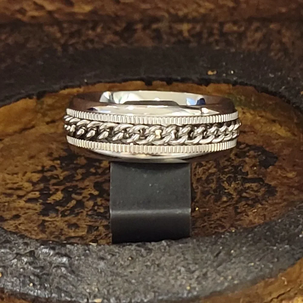 Men's Silver Chain Spinner Promise Ring Band - Anxiety Fidget Ring